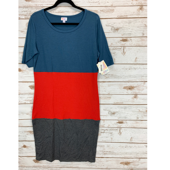 LuLaRoe Dresses & Skirts - LuLaRoe Julia Dress L Blue/Red/Gray NWT